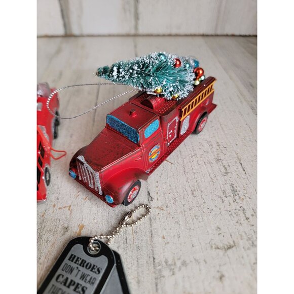 Firefighter fire truck tree hero cape dog tag ornament Xmas set - Picture 3 of 12